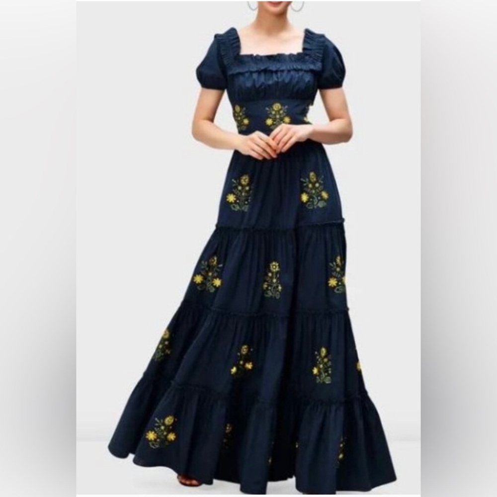 Wayward Fancies Navy Blue Floral Embroidery Maxi Dress